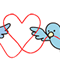 恋する二人を見守る小鳥がハート型に赤い糸を咥えているのイラスト